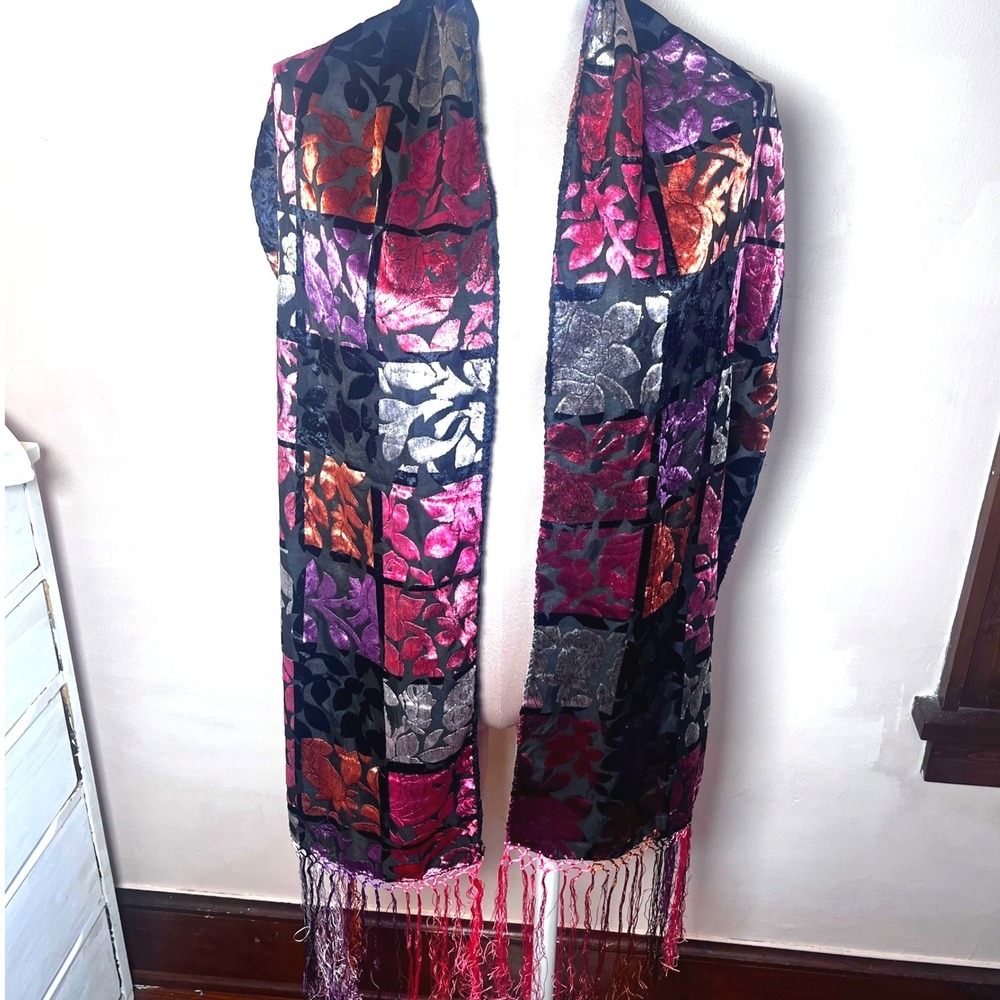 Floral Burnout Velvet Scarf Jewel Tone Patchwork Fringe Wrap Multi Whimsigoth